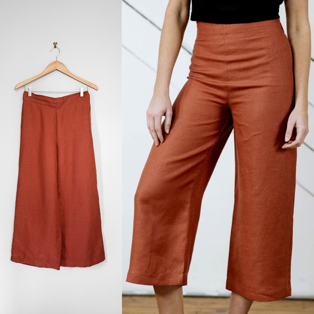 Only Child Clove Pants - rust linen wide leg high waist elastic crop capris